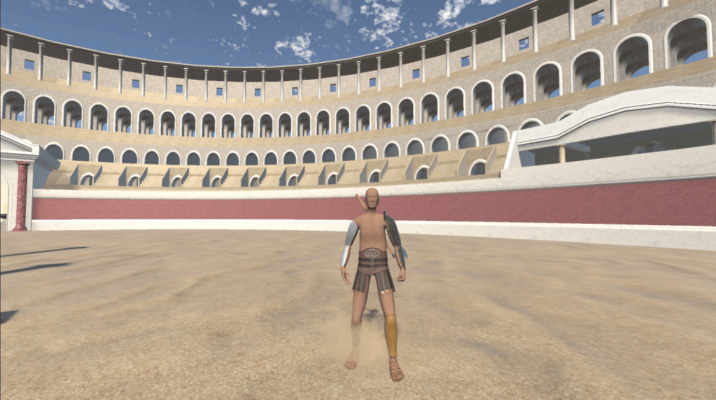 Gladiator seen wearing a legionary manica on the right arm, gladiator manica on his left arm, a ocreae on his left shin, and wielding a long axe.